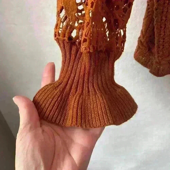 Women's Burnt Orange Crochet Pointelle Knit Sweater Size Large Fall Boho‎ Autumn - Picture 7 of 10